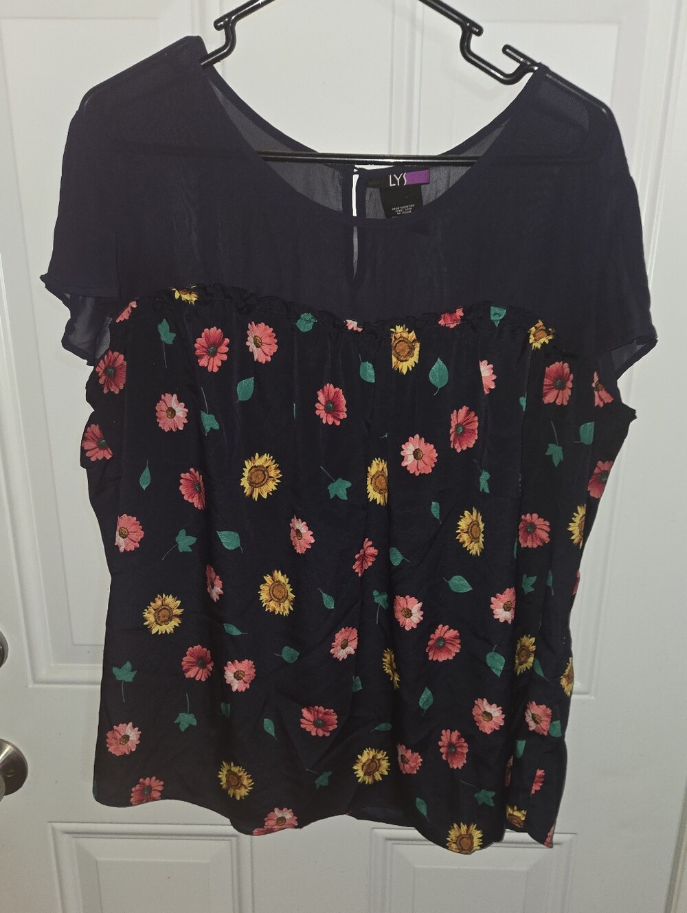 LYS Black Floral Short Sleeve Blouse with Pink & Yellow Flowers